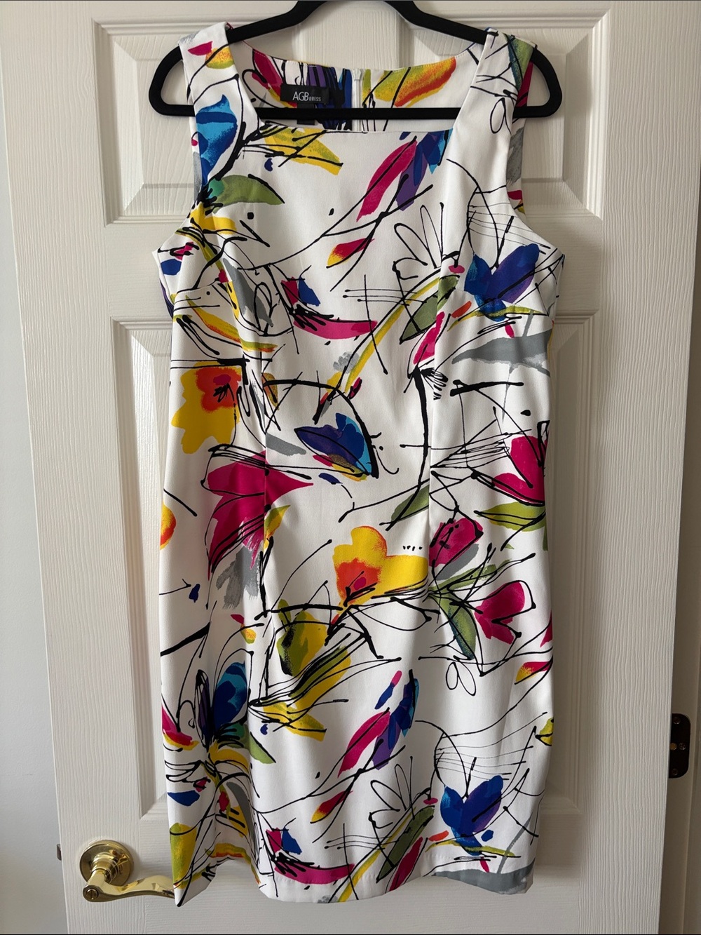 AGB White Floral Sheath Dress with Pink, Blue, Yellow, Green and Gray Accents